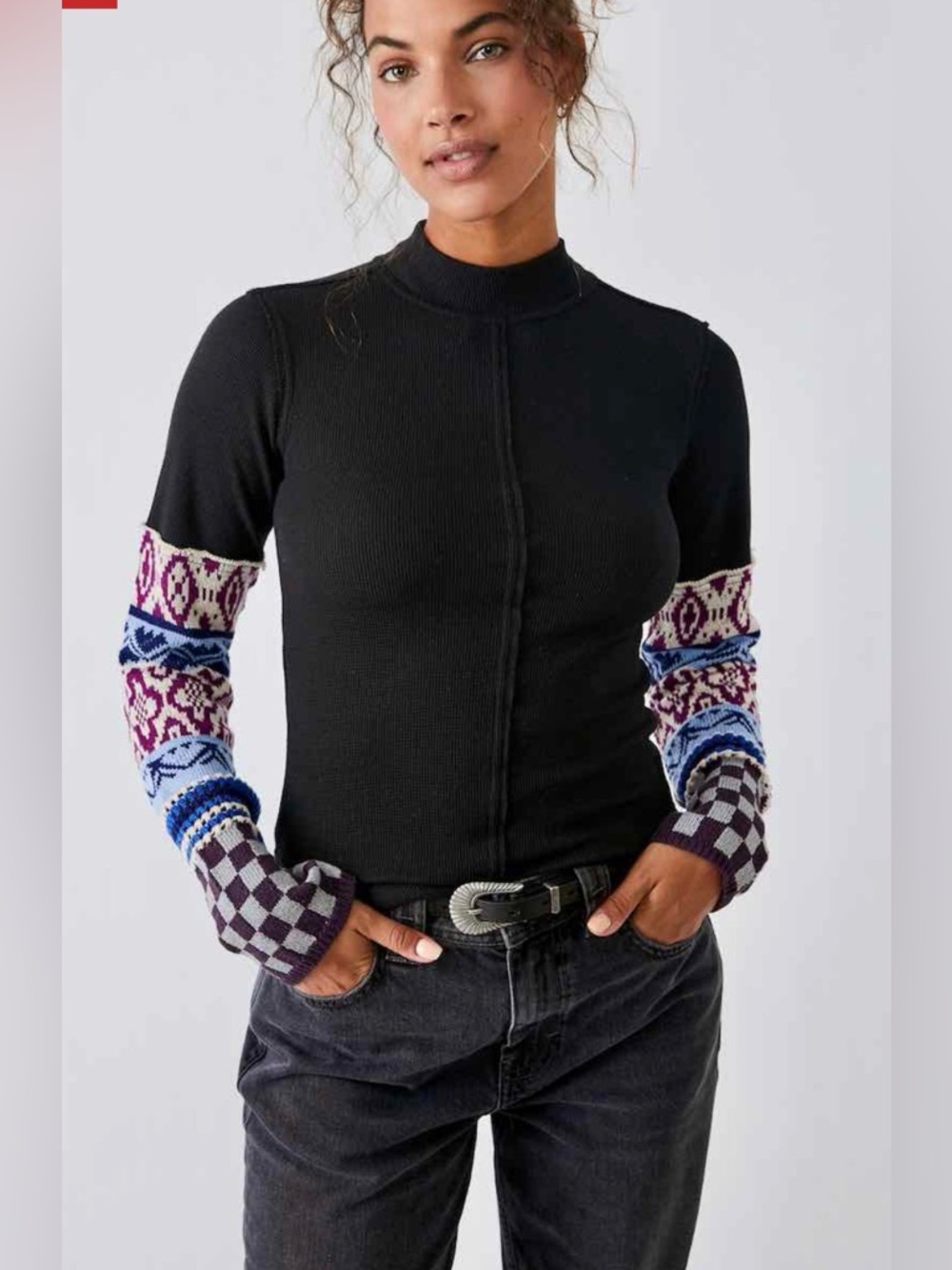 Free People Gorgeous Cuff Thermal Top Black Motif Size Small